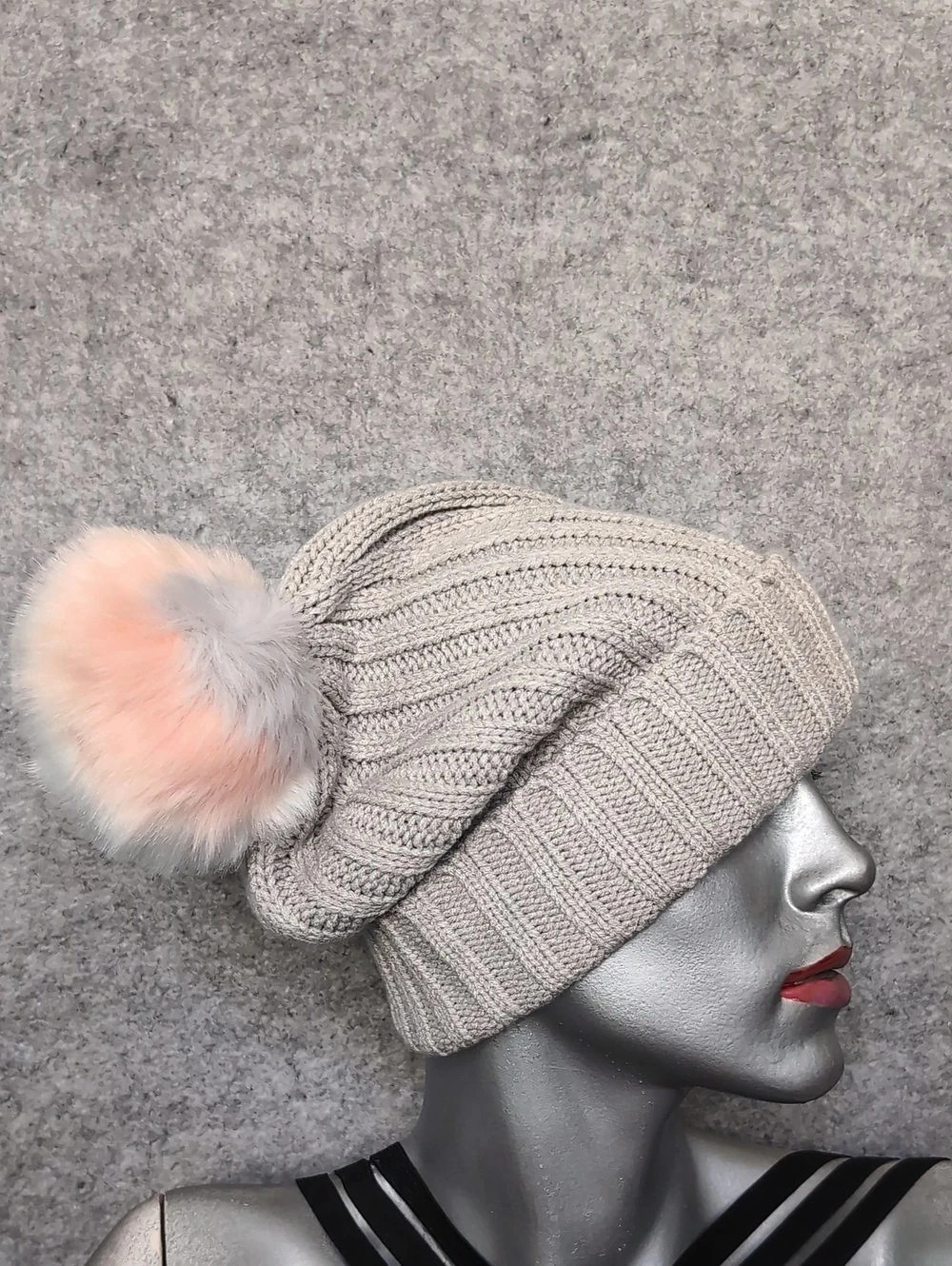 J.Crew Ribbed Beanie with Faux-Fur Pom-Pom in Gray & Pink